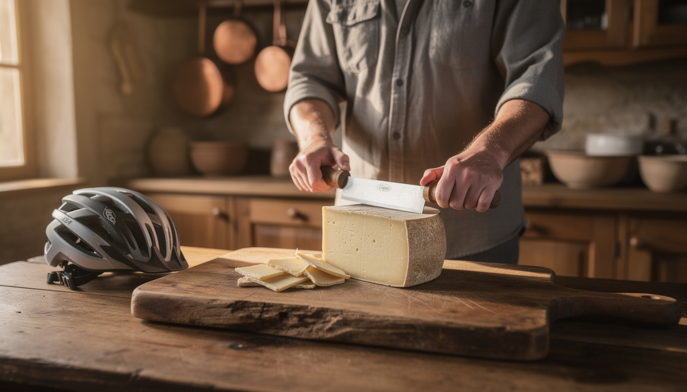 découvrez comment trancher un comté affiné 24 mois avec un couteau à deux mains pour obtenir des tranches nettes et parfaites, idéales pour savourer ce fromage d'exception.