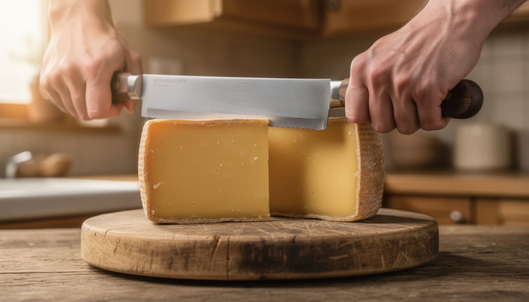 apprenez à trancher un comté affiné 24 mois avec un couteau à deux mains pour obtenir des tranches nettes et régulières, parfaites pour sublimer vos plateaux de fromage.