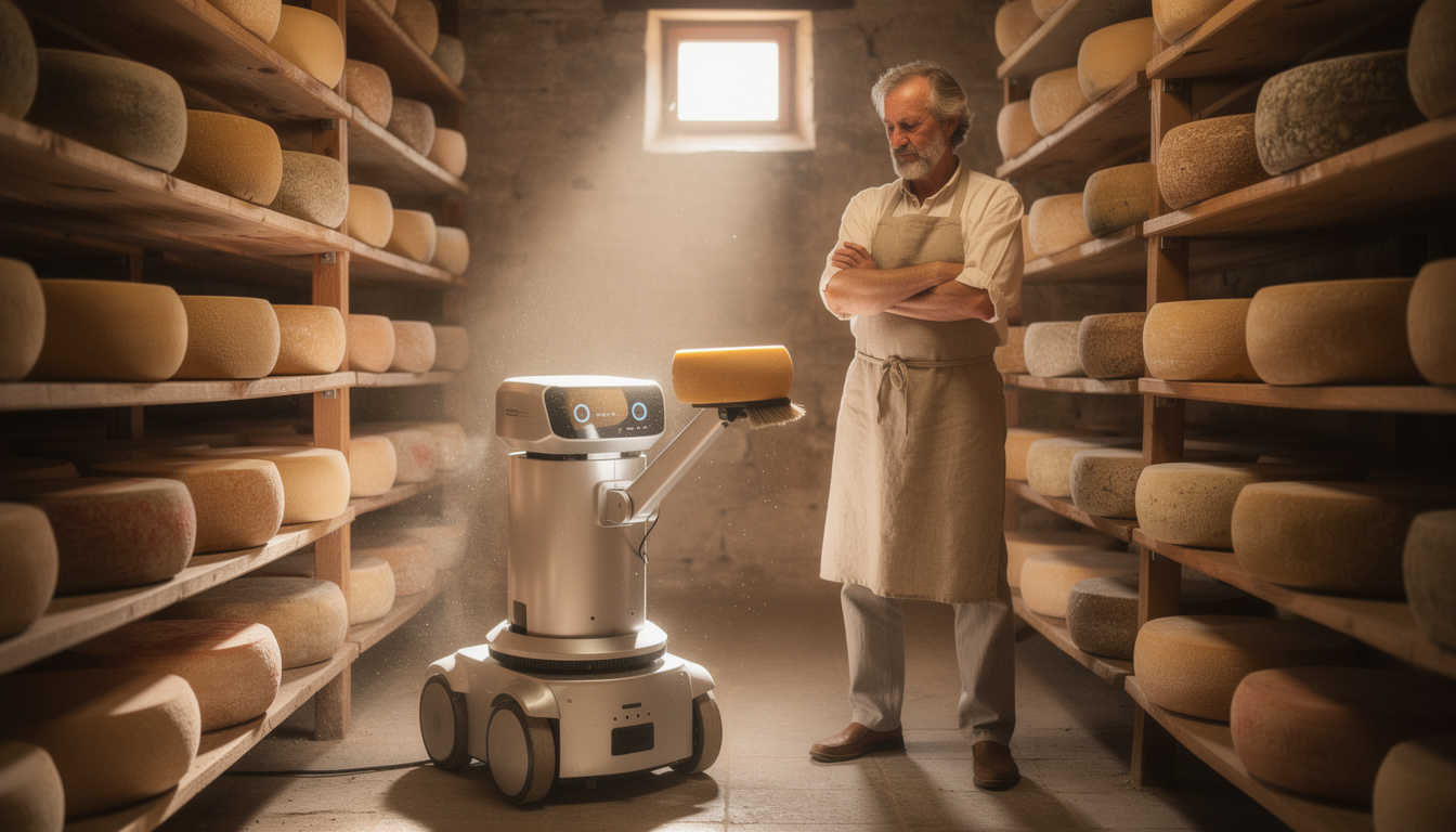 découvrez comment la robotisation et l'intelligence artificielle révolutionnent le soin des meules en cave, en assistant les maîtres affineurs pour un affinage précis et de qualité.