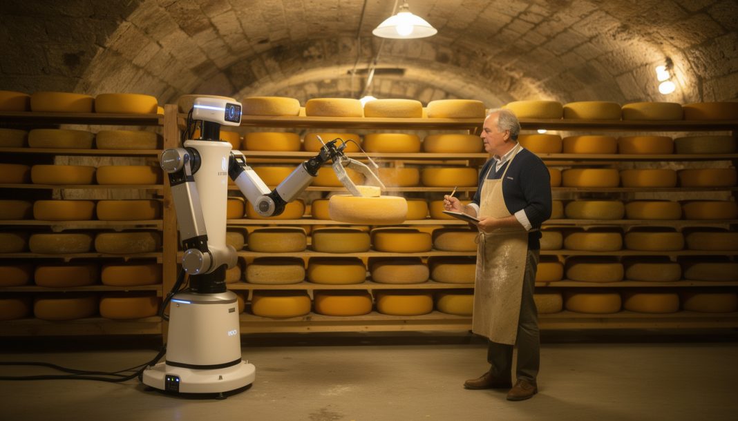 découvrez comment la robotisation et l'intelligence artificielle révolutionnent le soin des meules en cave, assistant les maîtres affineurs pour un affinage précis et contrôlé.