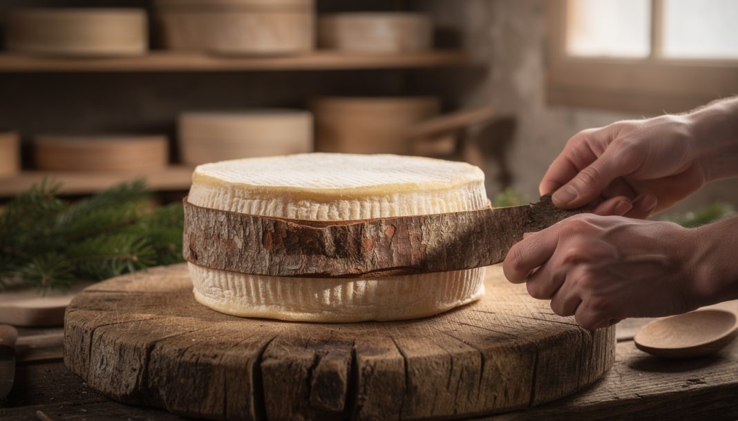 découvrez la technique de cerclage avec la sangle d'épicéa et son rôle dans le transfert aromatique essentiel à la fabrication du vacherin.