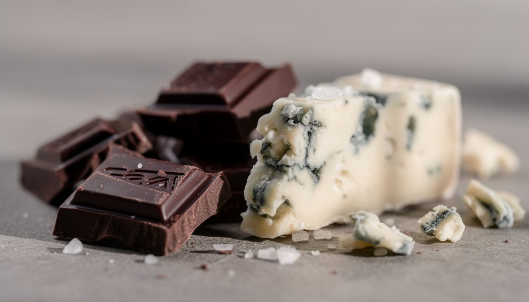 découvrez l'harmonie unique entre le chocolat et le bleu, une expérience sensorielle qui marie subtilement l'amertume riche du cacao et la salinité délicate du fromage bleu.