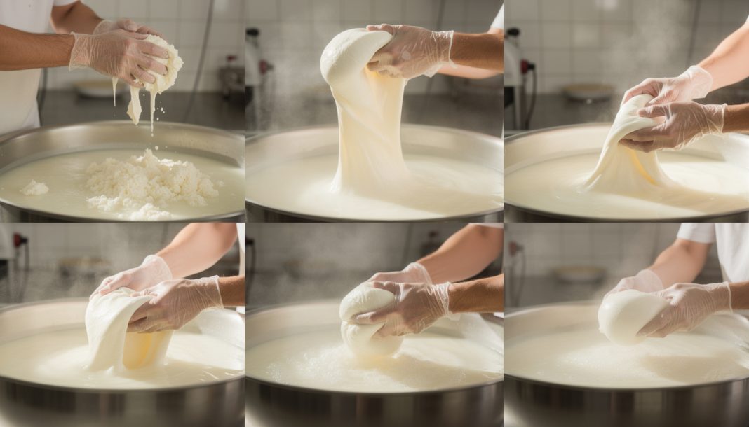découvrez la technique de la pâte filée pour fabriquer la mozzarella, de l'acidification au pétrissage, étape par étape.