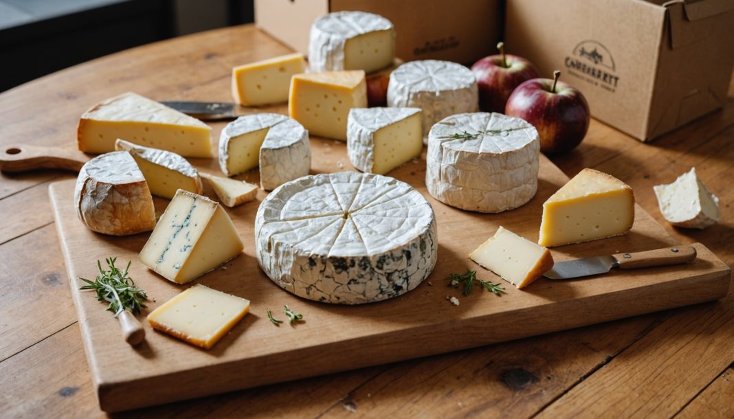 Plateau de fromages artisanaux français à côté d'un colis de livraison isotherme