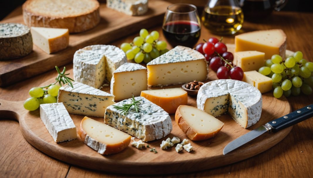 Différents couteaux à fromage disposés autour de plusieurs fromages