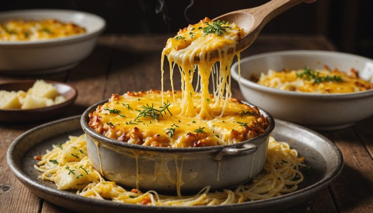 Fromage qui fond en filant sur un gratin doré