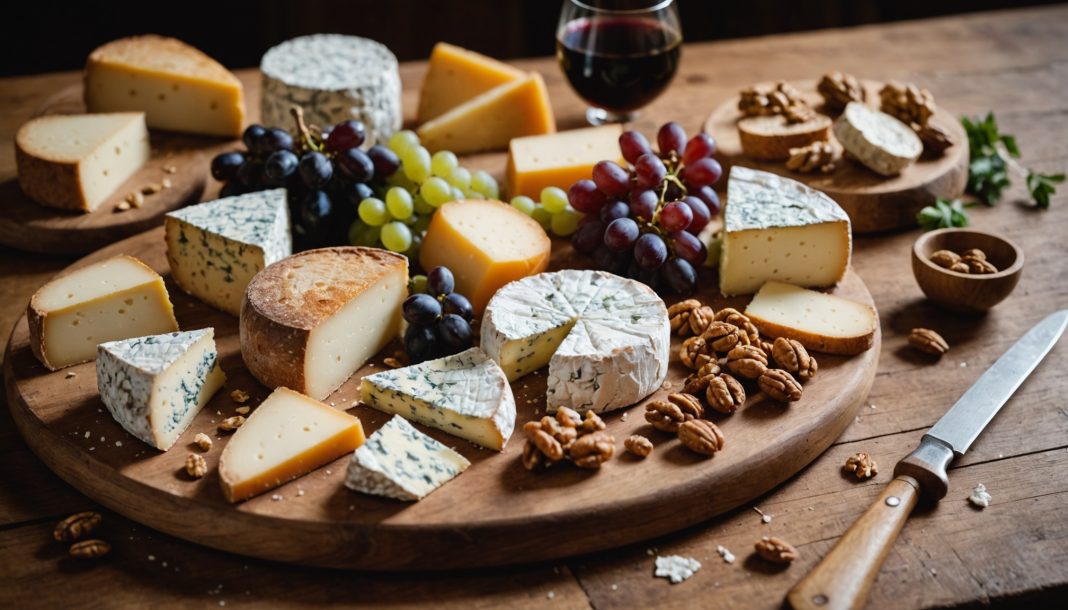 Plateau de fromages varié sur une planche en bois