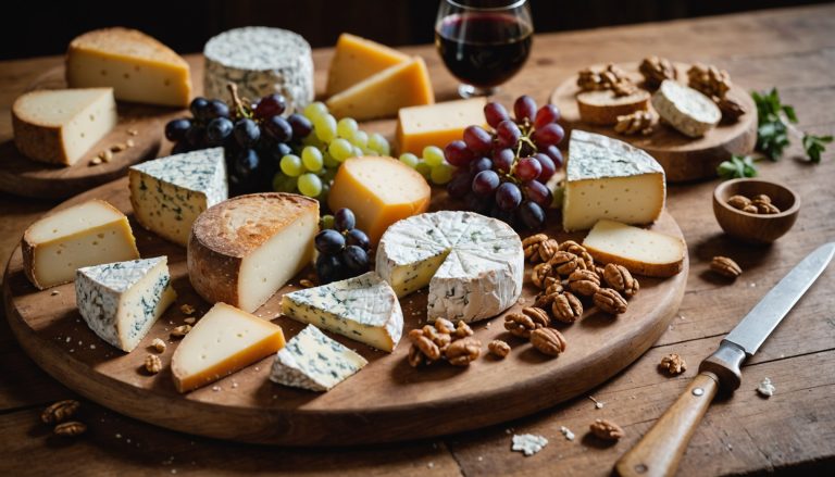 Plateau de fromages varié sur une planche en bois