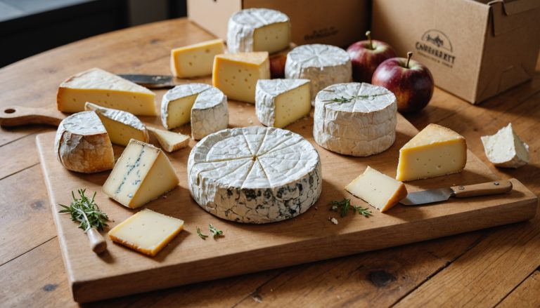 Plateau de fromages artisanaux français à côté d'un colis de livraison isotherme