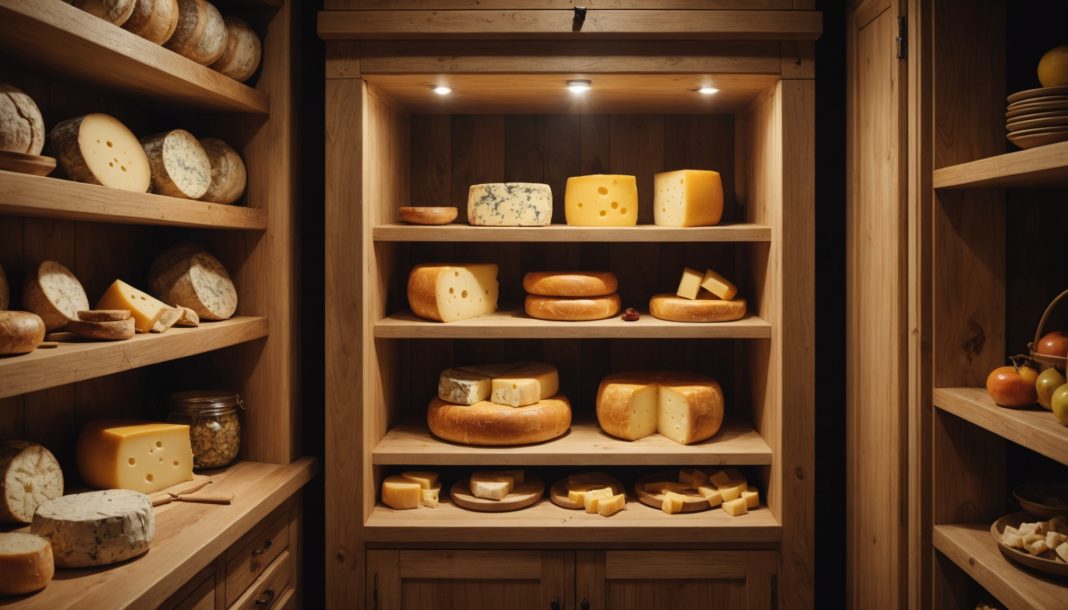 Cave à fromage électrique et fromages emballés dans un garde-manger
