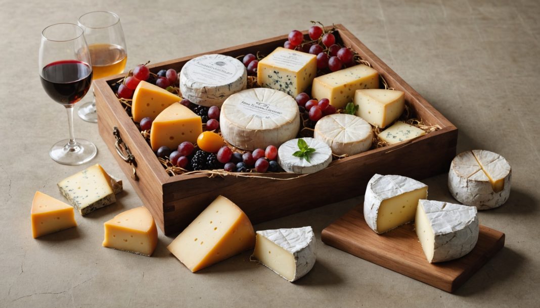 Box de fromages artisanaux avec fiches de dégustation, prête à être livrée