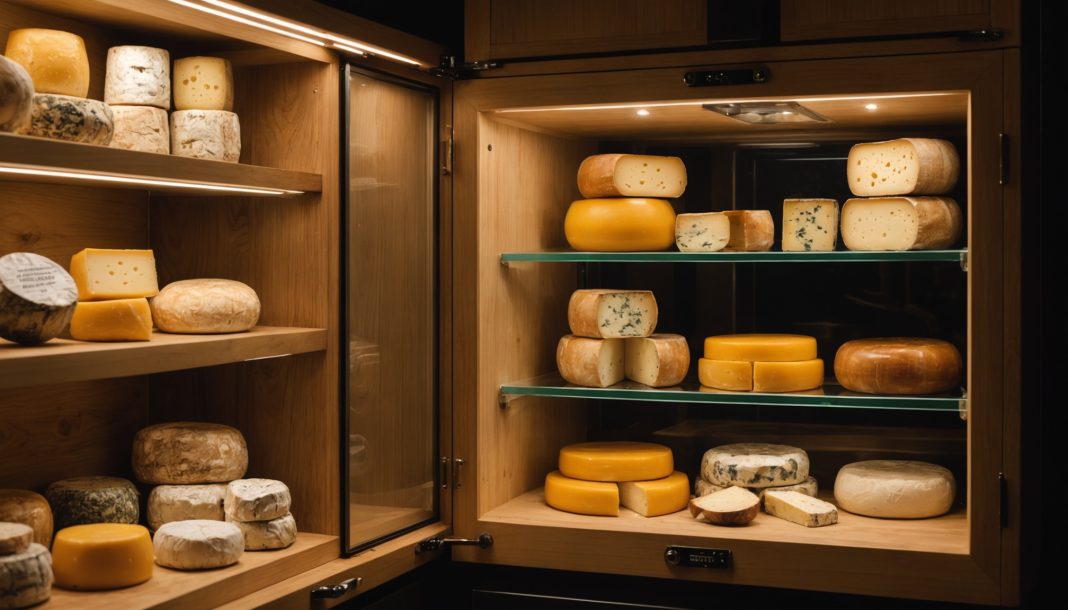 Cave à fromage électrique ouverte avec plateaux de fromages affinés