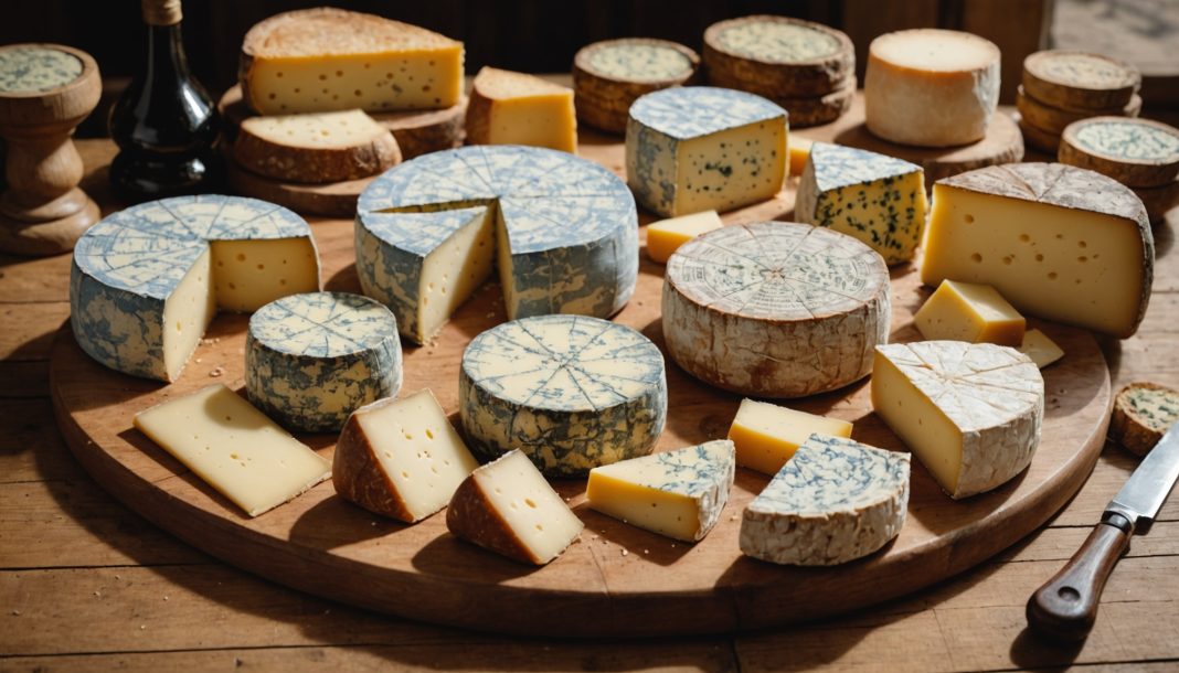 Plateau de fromages AOP français dont Comté, Reblochon et Roquefort