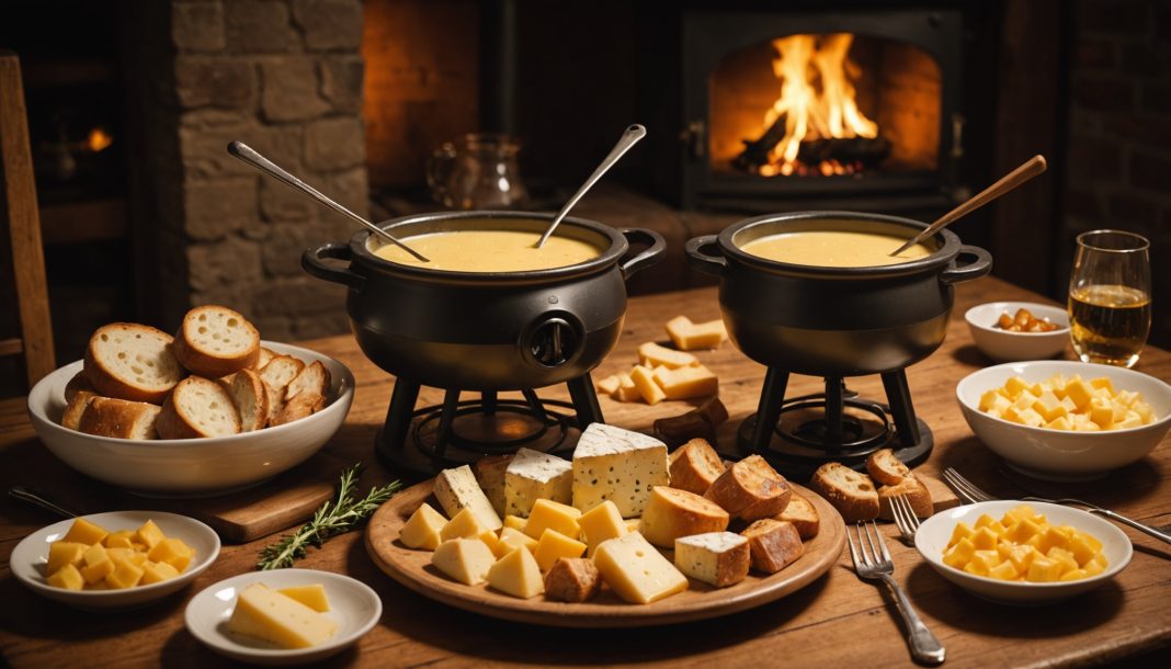 Fondue au fromage dans un caquelon en céramique sur réchaud à flamme