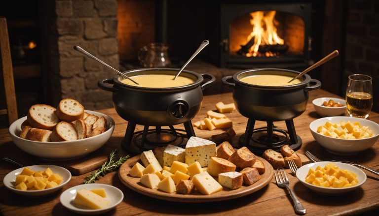 Fondue au fromage dans un caquelon en céramique sur réchaud à flamme