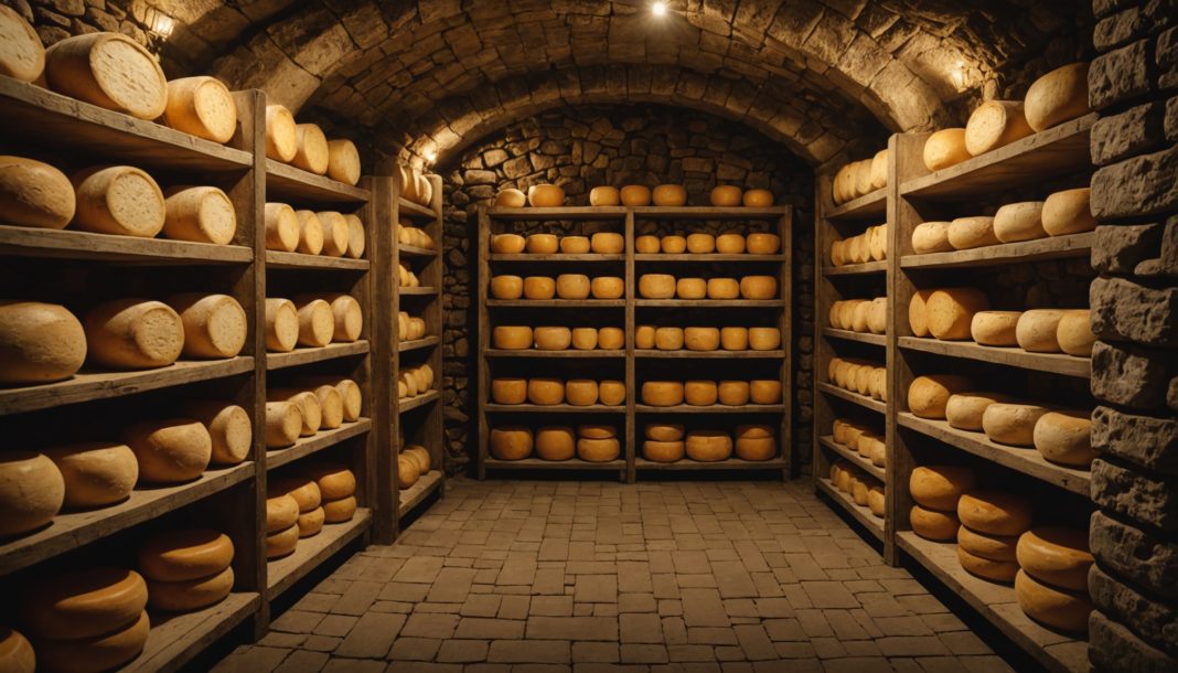 Étagères en bois garnies de meules de fromage affinées dans une cave traditionnelle