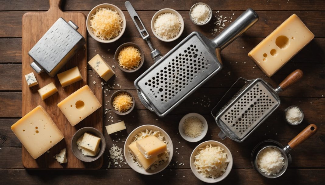 Assortiment de râpes à fromage (main, microplane, moulin rotatif) avec du fromage râpé