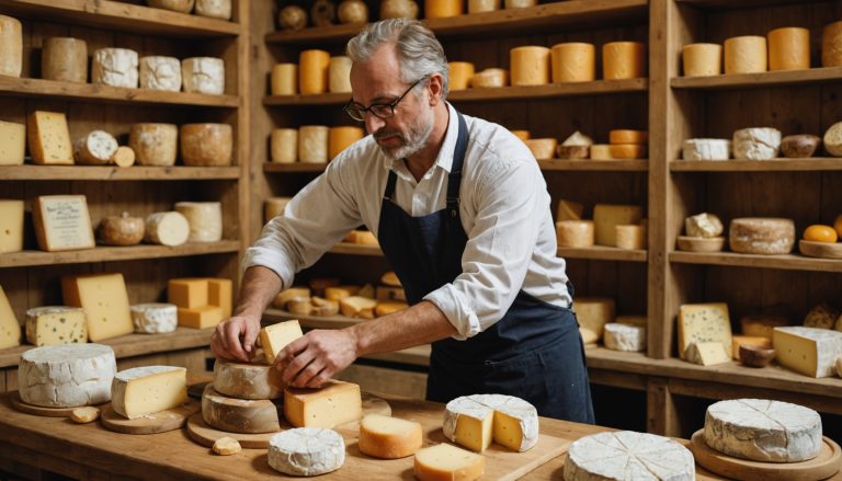 Fromager artisanal coupant un fromage à la demande sur son étal