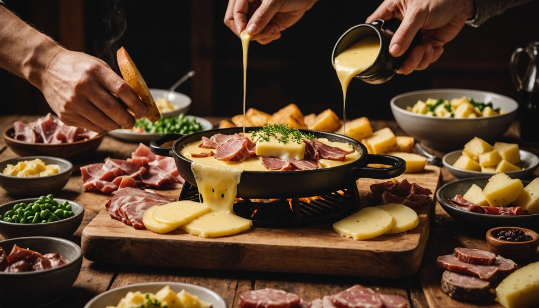 Fromage à raclette fondu coulant sur des pommes de terre et de la charcuterie, illustration des meilleurs fromages à fondre