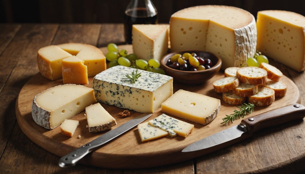 Plateau de fromages en cours de découpe avec un couteau à fromage traditionnel