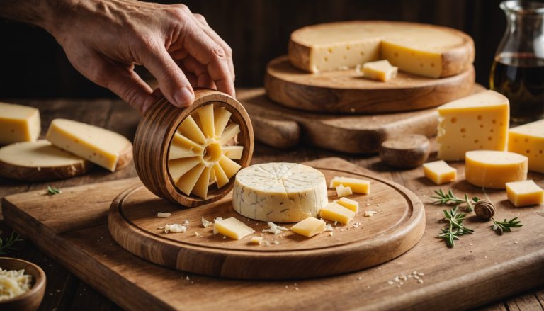 Girolle en bois utilisée pour raboter des rosettes de Tête de Moine AOP sur une planche de dégustation