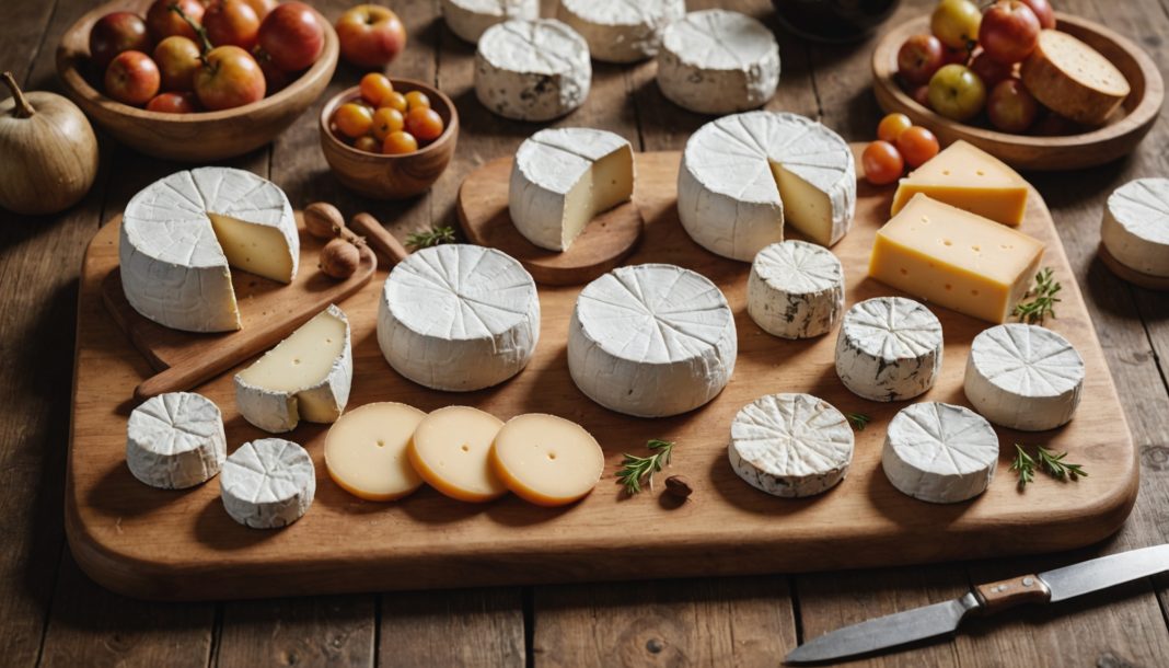 Plateau en bois présentant plusieurs fromages de chèvre AOP français de formes variées