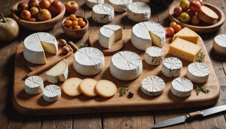 Plateau en bois présentant plusieurs fromages de chèvre AOP français de formes variées