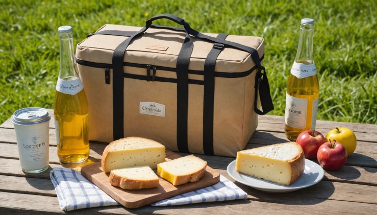 Sac isotherme et glacière ouverts en extérieur avec des fromages emballés à côté d'un pain de glace