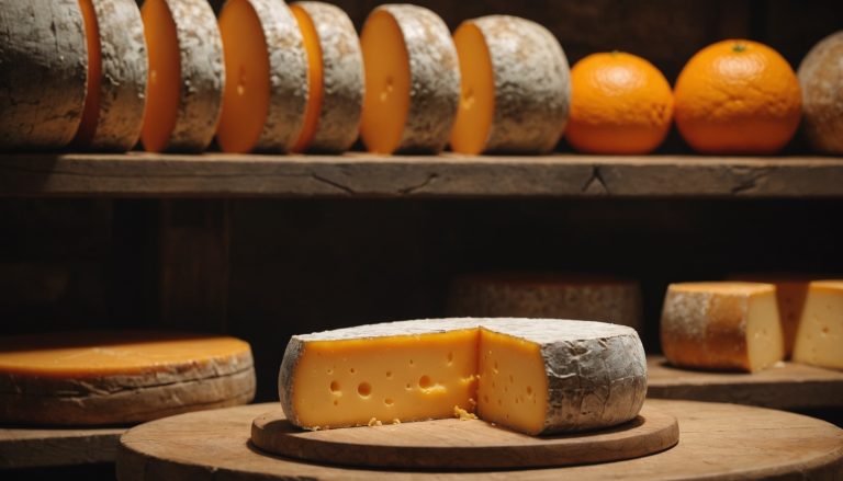 Gros plan sur un fromage à croûte lavée orange dans une cave d'affinage en pierre