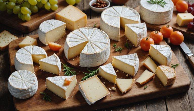 Assortiment de fromages à croûte fleurie type Camembert et Brie sur planche en bois