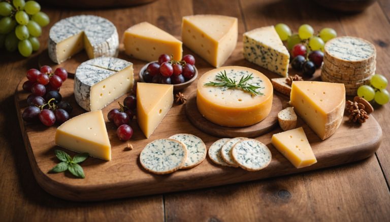 Plateau en bois avec plusieurs fromages français à pâte pressée non cuite