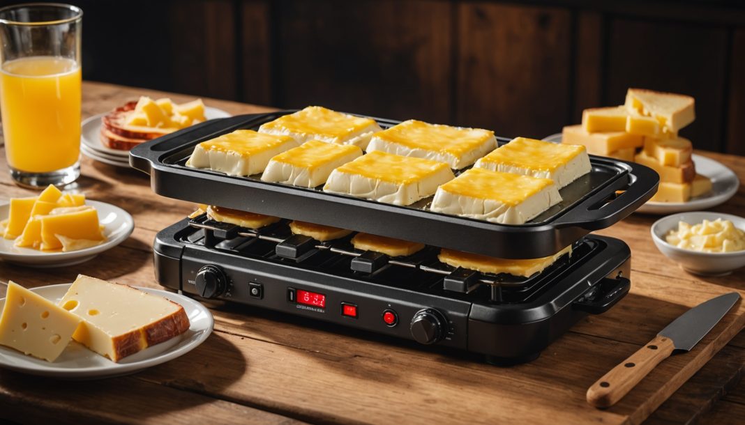 Appareil à raclette électrique avec poêlons de fromage fondu sur une table conviviale