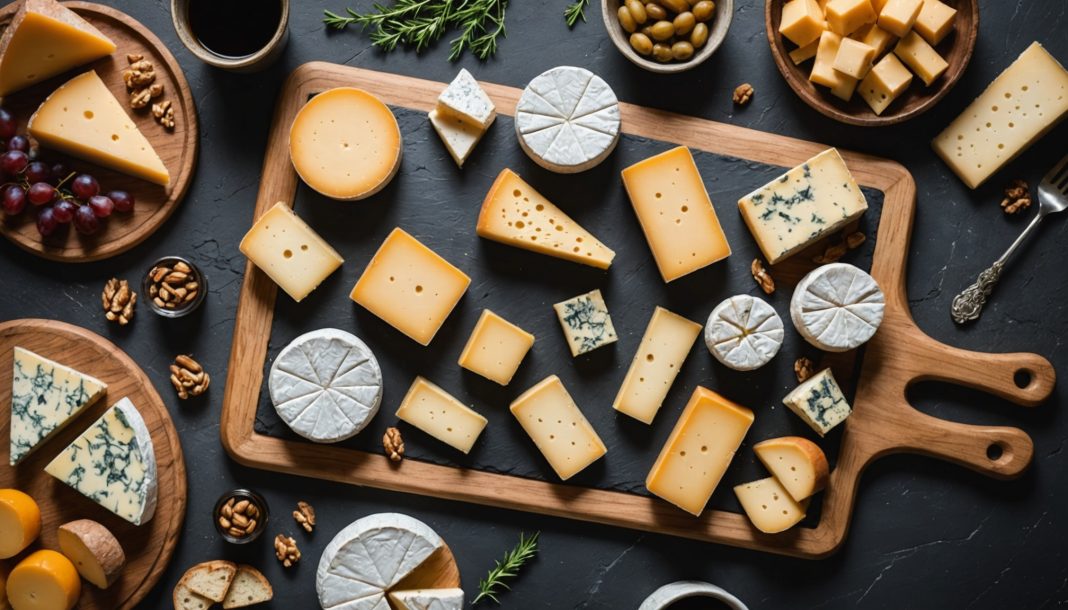 Planche à fromage en bois et ardoise garnie de plusieurs fromages