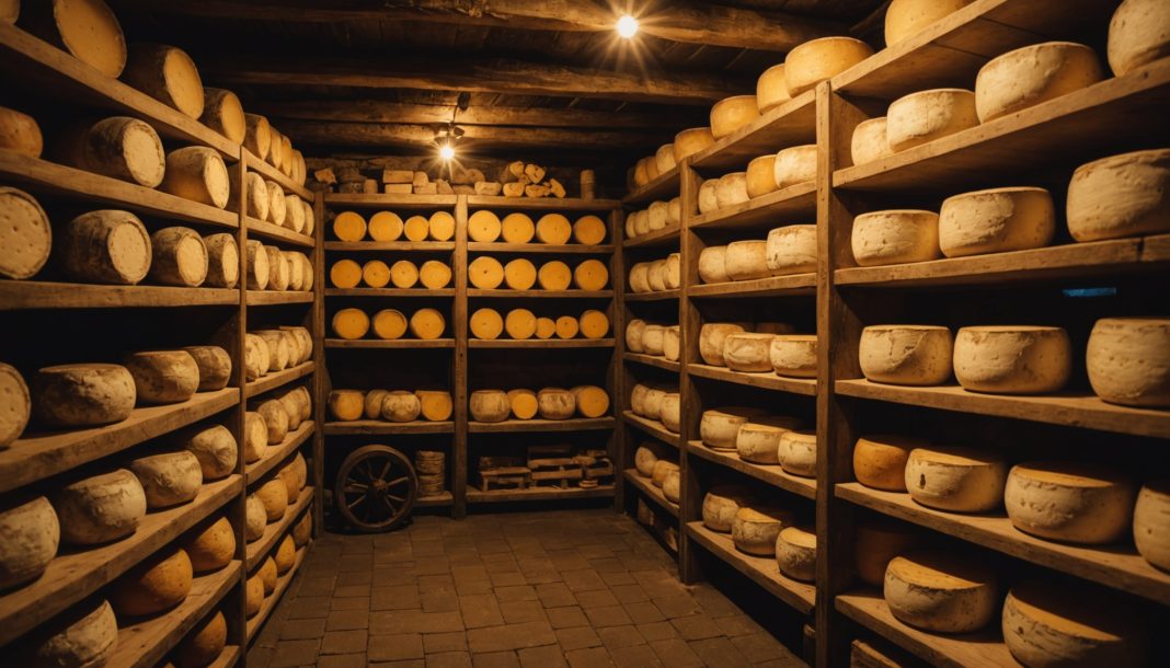 Cave d'affinage traditionnelle avec meules de fromage sur étagères en bois