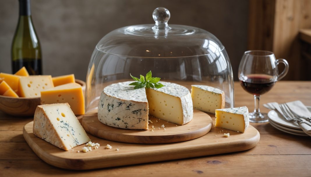 Cloche à fromage en verre et bambou sur une table en bois avec des fromages