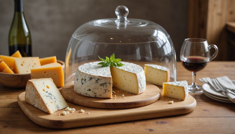 Cloche à fromage en verre et bambou sur une table en bois avec des fromages