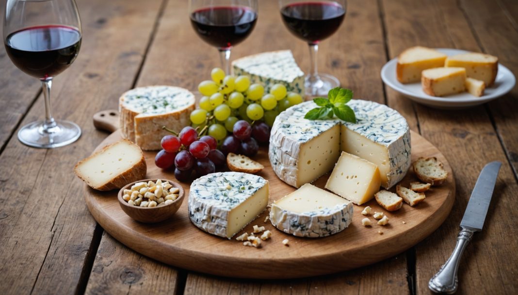 Plateau de fromages variés accompagné de deux verres de vin blanc et rouge