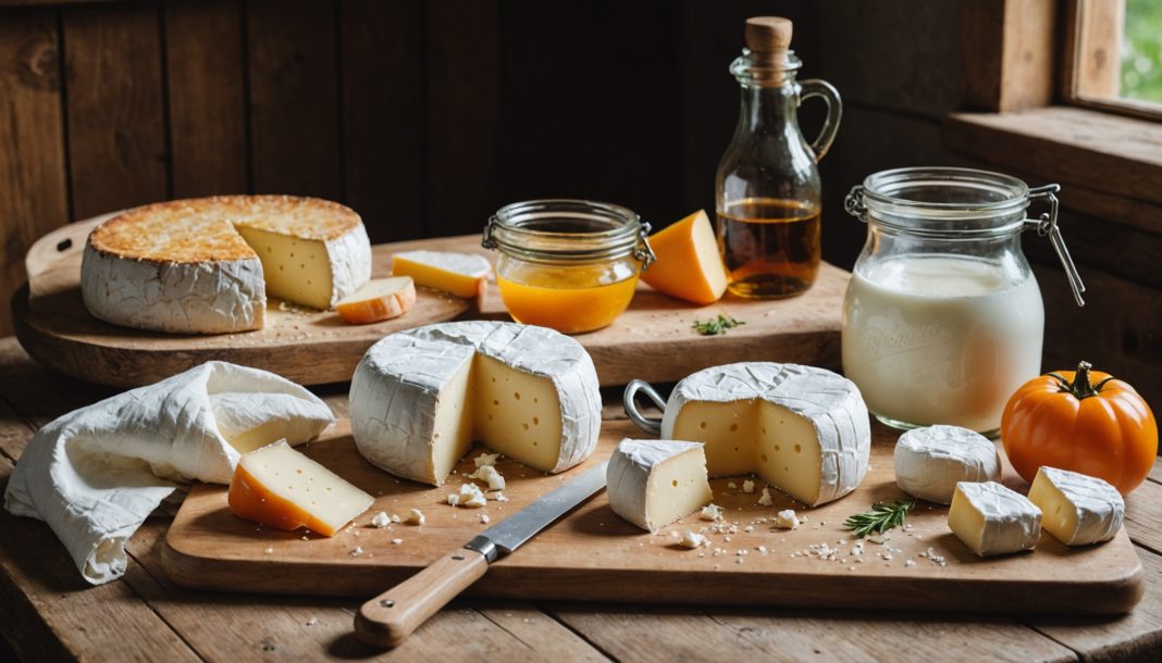 Kit de fabrication de fromage maison avec bocal, moules, étamine et présure sur un plan de travail en bois