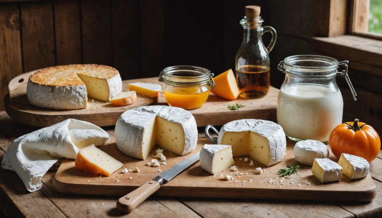 Kit de fabrication de fromage maison avec bocal, moules, étamine et présure sur un plan de travail en bois