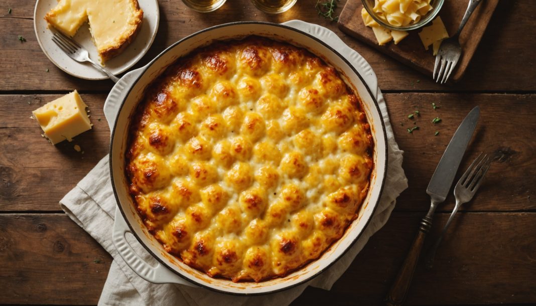Fromage fondu et doré sur une tarte salée, gros plan gourmand