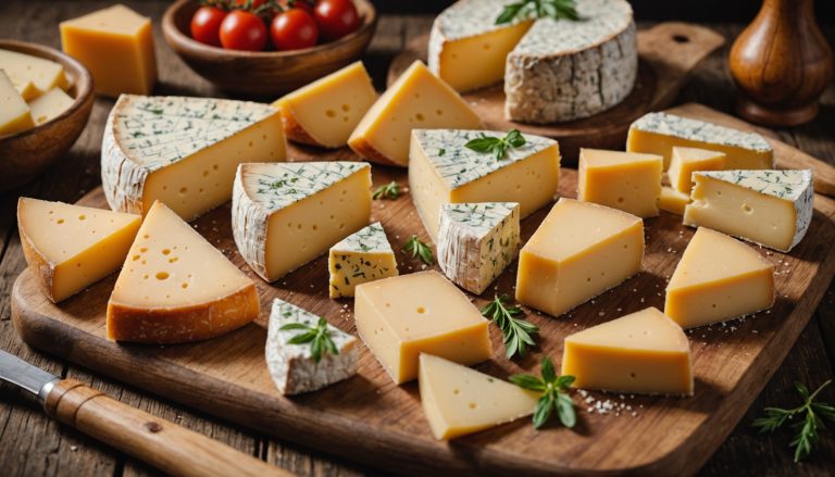Assortiment de fromages affinés et frais sur planche en bois, comparatif fromage sans lactose