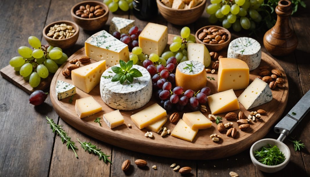 Plateau de fromages français variés sur une planche en bois