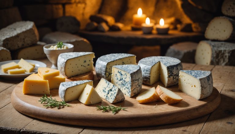 Assortiment de fromages bleus AOP français sur planche en bois