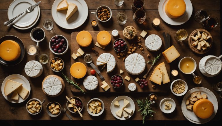 Table de dégustation évoquant une confrérie fromagère française avec meules de fromage et rubans cérémoniels
