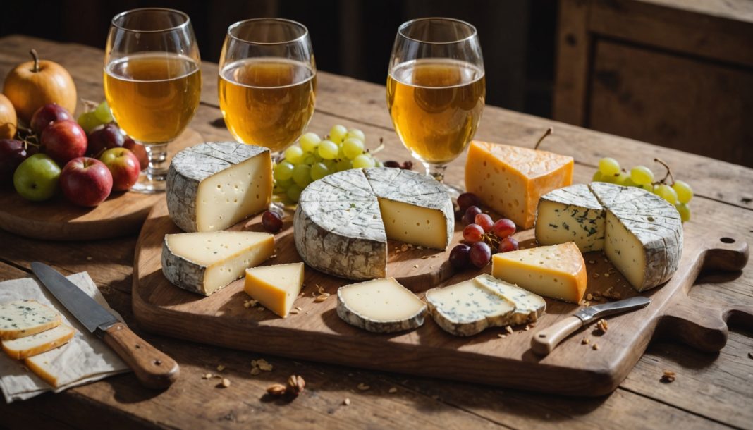 Assortiment de fromages français servis avec un verre de cidre doré