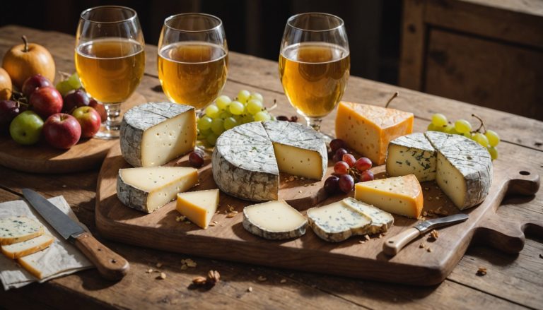 Assortiment de fromages français servis avec un verre de cidre doré