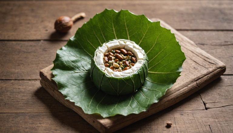 Fromage de chèvre mothais sur feuille enveloppé dans une feuille de châtaignier