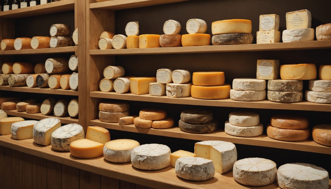 Étal de fromages artisanaux dans une fromagerie française