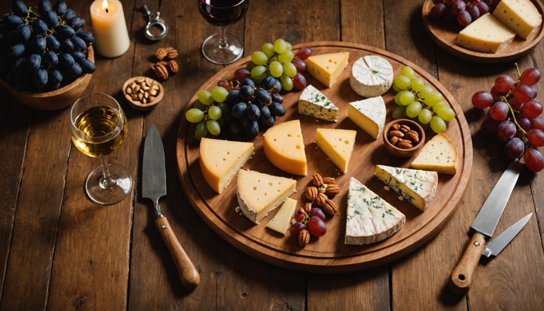 Plateau tournant en bois avec assortiment de fromages, raisins et noix