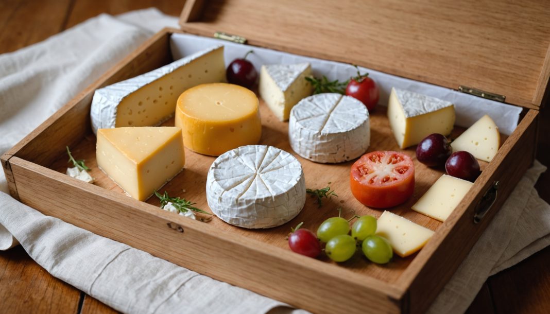 Camembert, fromage à pâte dure et chèvre frais emballés dans du papier fromager au réfrigérateur